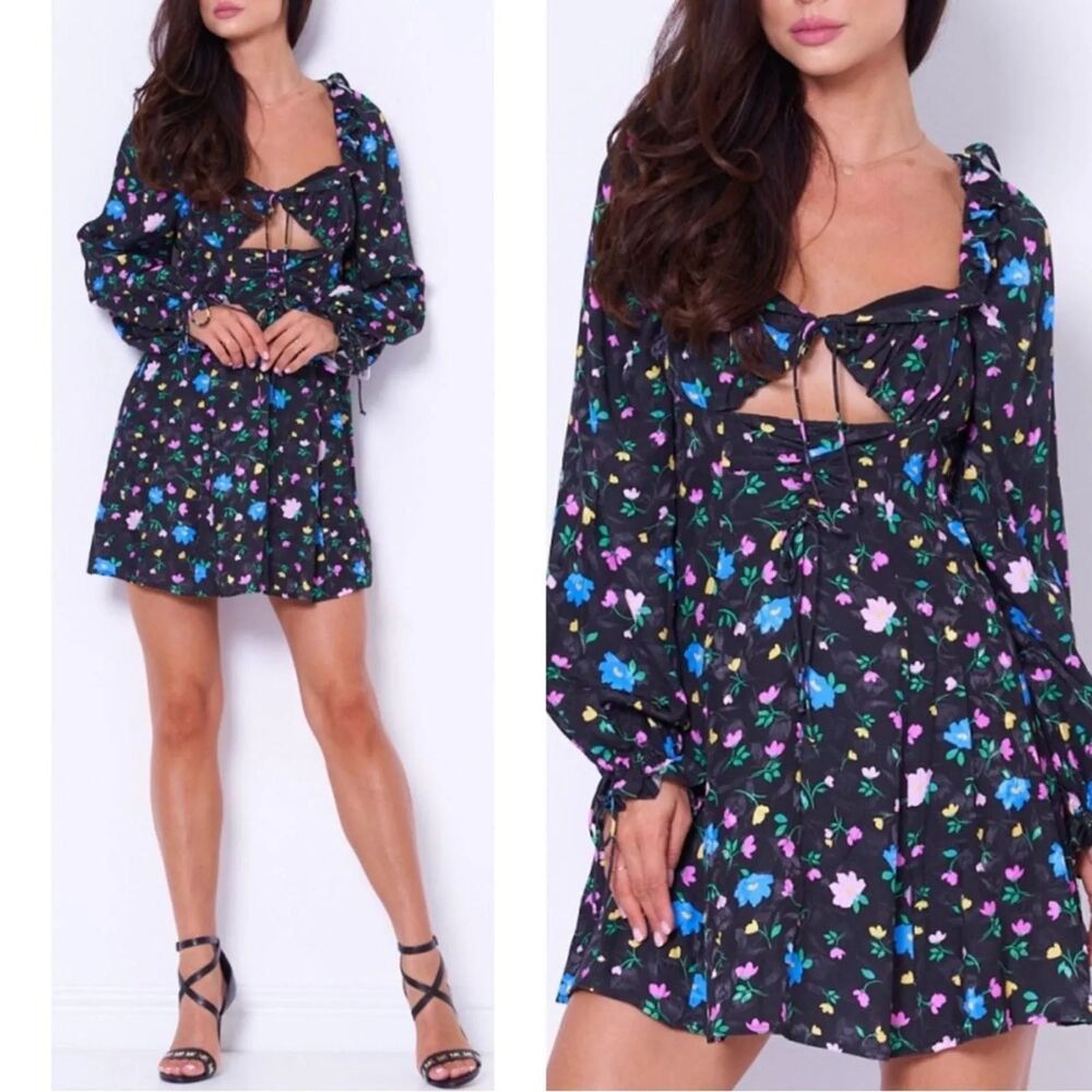 For Love And Lemons Lexy Black Floral Long Sleeve Mini Dress Size XS NWT